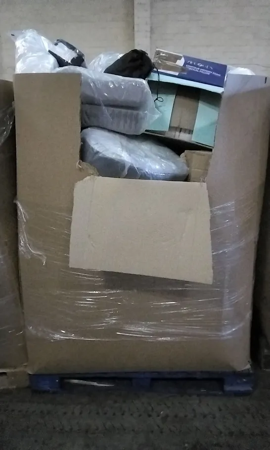 PALLET OF ASSORTED HOUSEHOLD GOODS TO INCLUDE CERVICAL PILLOW, MEMORY FOAM PILLOW, AND TRAVEL PILLOW ETC.