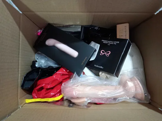 APPROXIMATELY 15 ASSORTED ADULT ITEMS TO INCLUDE VIBRATING ANAL BEADS, LOVEHONEY STRAP ON, UNBOXED ROMP VIBRATOR, ETC