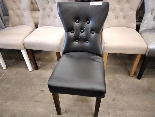 2 DESIGNER BLACK FAUX LEATHER CHAIRS WITH DARK BROWN LEGS