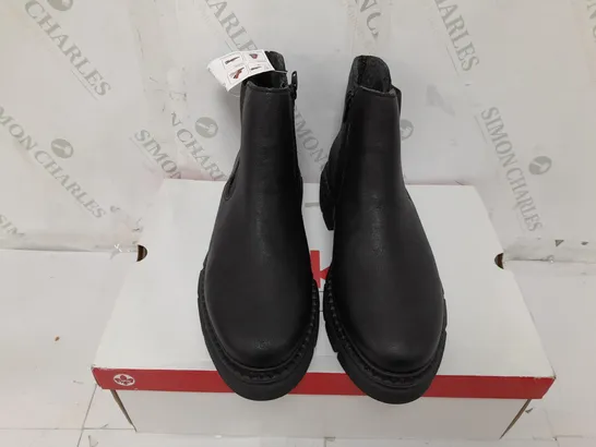 BOXED PAIR OF RIEKER CHUNKY ANKLE BOOTS IN BLACK - SIZE 6