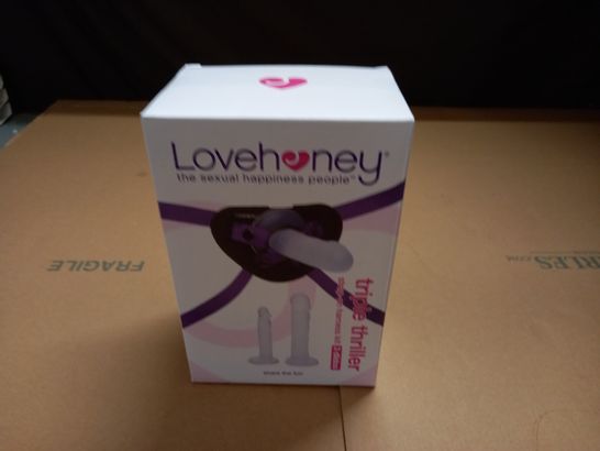 BOXED LOVEHONEY TRIPLE THRILLER STRAP ON HARNESS KIT WITH 3 DILDOS