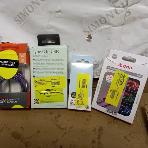 LOT OF APPROX 10 ASSORTED ELECTRICAL ITEMS TO INCLUDE USB CABLE, EAR BUDS, LED LIGHT STRIP, ETC