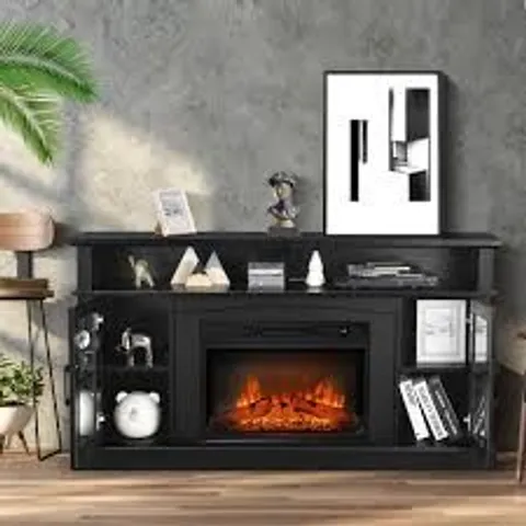 BOXED COSTWAY 58 INCH RUSTIC FIREPLACE TV STAND WITH 2 OPEN STORAGE COMPARTMENTS - BLACK