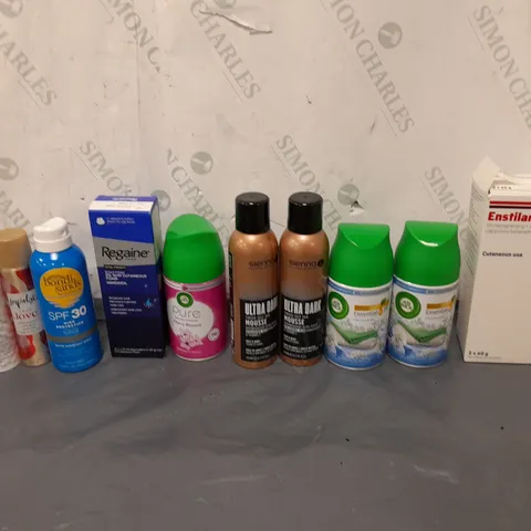 APPROXIMATELY 12 ASSORTED AEROSOLS TO INCLUDE SKIN CONTACT SPRAY, ULTRA DARK MOUSSE, AND SPF 30 SUNSCREEN ETC. 