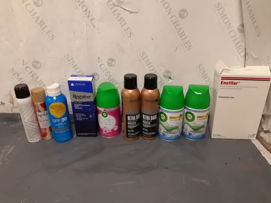 APPROXIMATELY 12 ASSORTED AEROSOLS TO INCLUDE SKIN CONTACT SPRAY, ULTRA DARK MOUSSE, AND SPF 30 SUNSCREEN ETC. 