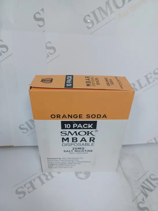 BOX OF APPROXIMATELY 10 BOXES OF ORANGE SODA 10 PACK SMOK M BAR DISPOSABLE 20MG SALT NICOTINE