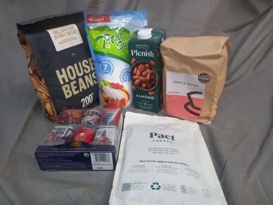 APPROXIMATELY 5 ASSORTED FOOD AND BEVERAGE PRODUCTS TO INCLUDE, 200* COFFEE, PLENISH ALMOND MILK, GOOD AND PROPPER EARL GREY, PACT COFFEE, BRITISH TEA COLLECTION