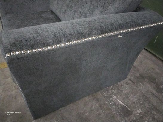 DESIGNER RENDEZVOUS CUDDLE CHAIR CHARCOAL FABRIC WITH STUDDED DETAIL 