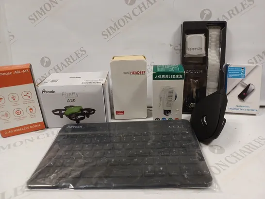 BOX OF APPROX 8 ASSORTED ITEMS TO INCLUDE WIRELESS MOUSE, BUSINESS WIRELESS HEADSET, C28 WIRELESS TRANSMITTER/RECEIVER 