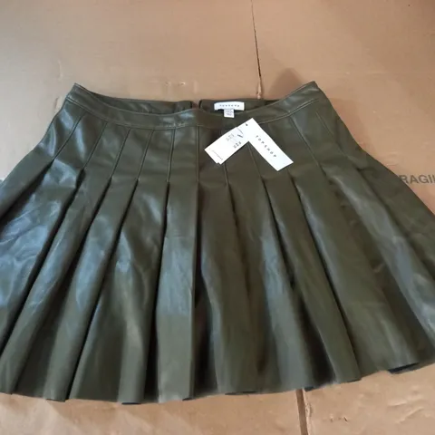 TOPSHOP KHAKI PU PLEATED SKIRT - UK 16