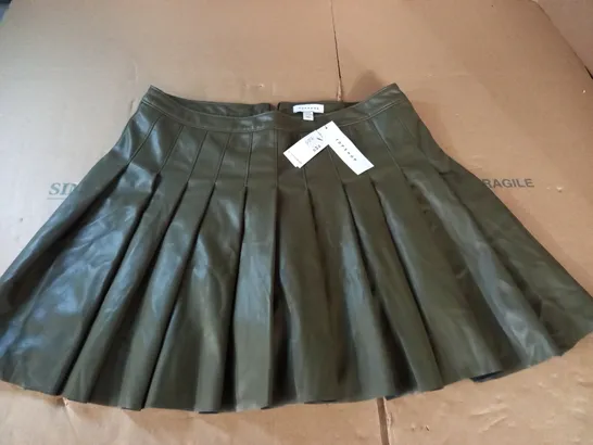 TOPSHOP KHAKI PU PLEATED SKIRT - UK 16