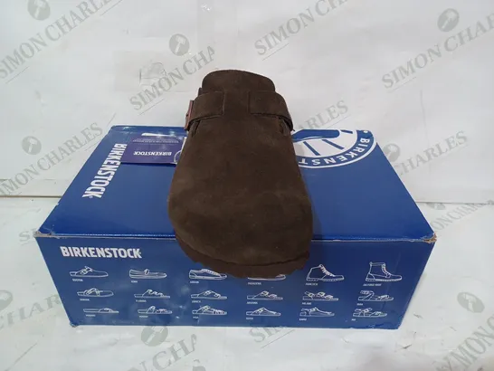 BOXED PAIR OF BIRKENSTOCK FAUX SUEDE SLIP-ON SHOES IN BROWN EU SIZE 44