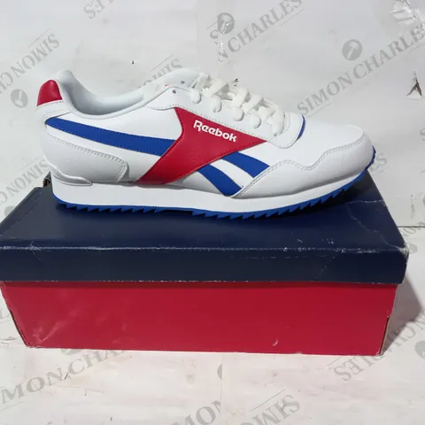 BOXED PAIR OF REEBOK ROYAL GLIDE SHOES IN WHITE/RED/BLUE UK SIZE 13