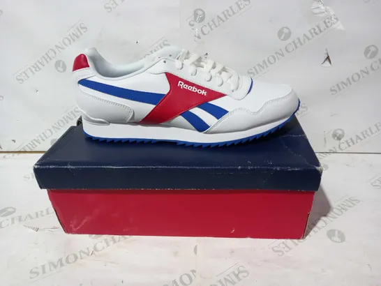 BOXED PAIR OF REEBOK ROYAL GLIDE SHOES IN WHITE/RED/BLUE UK SIZE 13