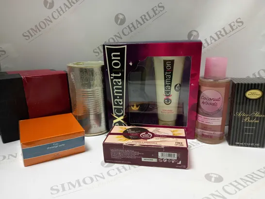 BOX OF APPROX 10 ASSORTED BEAUTY PRODUCTS TO INCLUDE HERMES D'ORANGE VERTE MOISTURISING BALM, THE BODY SHOP VITAMIN E ESSENTIALS, COCONUT WOODS BODY MIST, ETC 