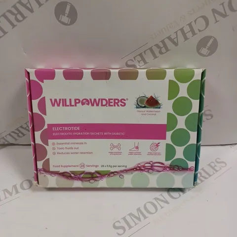BOXED SEALED WILLPOWDERS ELECTROTIDE HYDRATION SACHETS - 28 X 6.5G WATERMELON & COCONUT 