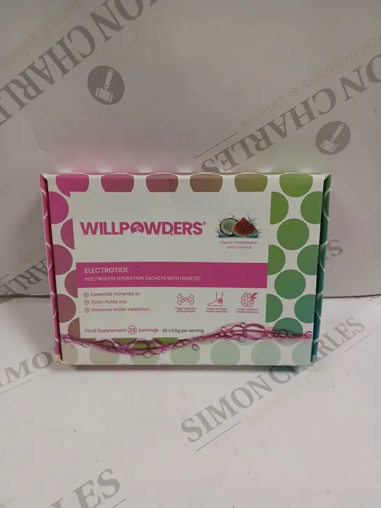 BOXED SEALED WILLPOWDERS ELECTROTIDE HYDRATION SACHETS - 28 X 6.5G WATERMELON & COCONUT 