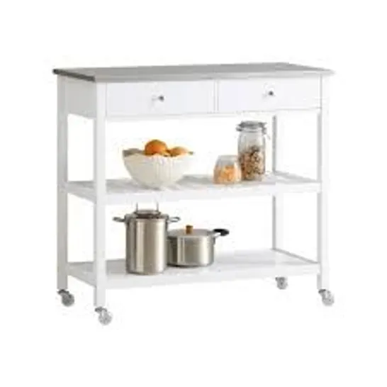 BOXED KITCHEN TROLLEY CART KITCHEN STORAGE TROLLEY SERVING TROLLEY WITH STAINLESS STEEL WORKTOP, WHITE