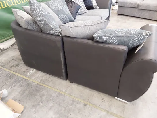 DESIGNER CORNER GROUP WITH REVERSIBLE SCATTER CUSHIONS BLACK FAUX LEATHER & GREY FABRIC 