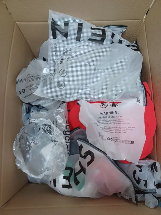 BOX OF APPROXIMATELY 22 ASSORTED CLOTHING ITEMS TO INCLUDE - BRA , SHIRT , TROUSERS ETC