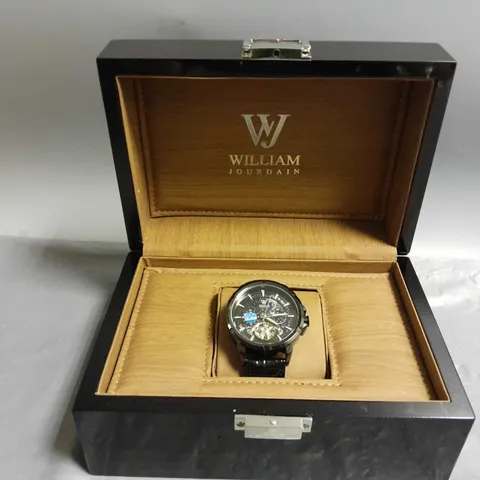 WILLIAM JOURDAIN MOON PHASE AUTOMATIC DIAL BLACK LEATHER STRAP WRISTWATCH