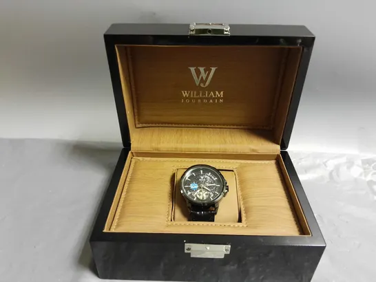 WILLIAM JOURDAIN MOON PHASE AUTOMATIC DIAL BLACK LEATHER STRAP WRISTWATCH