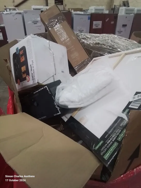 PALLET OF ASSORTED HOUSEHOLD AND ELECTRICAL ITEMS TO INCLUDE AIR FRYER, WHITE CANVAS AND CPU LIQUID COOLER