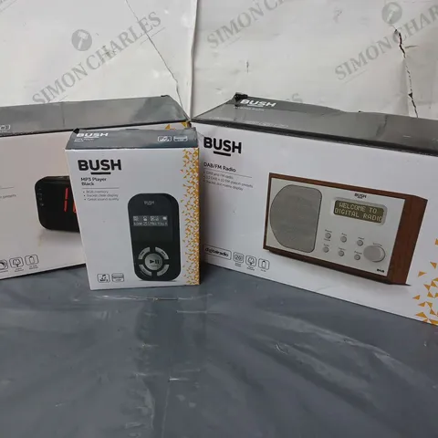 APPROXIMATELY 16 ASSORTED BOXED BUSH PRODUCTS TO INCLUDE DAM/FM RADIO, MP3 PLAYER, LARGE LED ALARM CLOCK RADIO, ETC