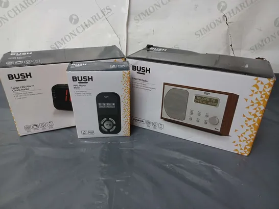 APPROXIMATELY 16 ASSORTED BOXED BUSH PRODUCTS TO INCLUDE DAM/FM RADIO, MP3 PLAYER, LARGE LED ALARM CLOCK RADIO, ETC