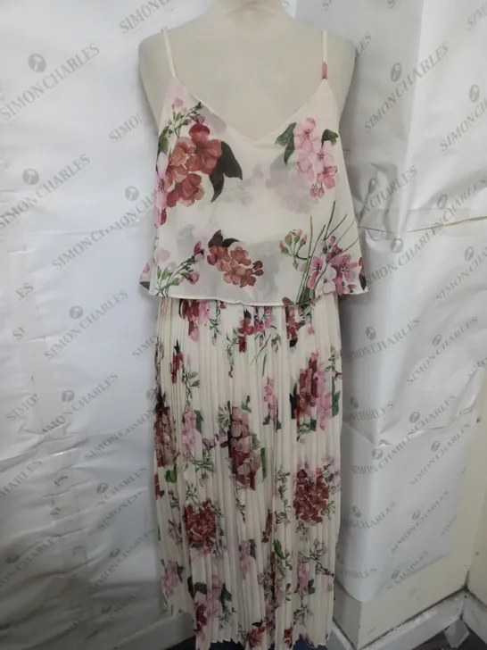 URBAN TOUCH PLEAATED CAMI MIDI DRESS IN WHITE FLORAL PRINT SIZE 14