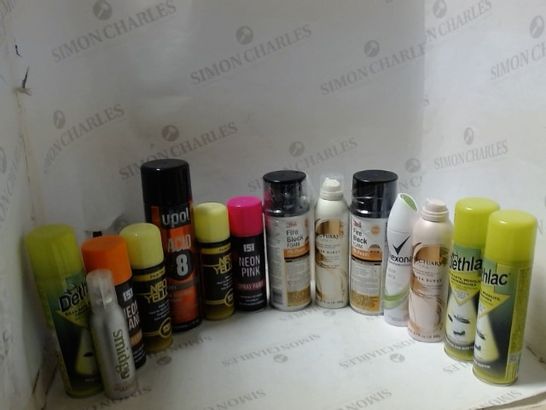 LOT OF ASSORTED ITEMS TO INCLUDE; SPRAY PAINT, FIRE BLOCK FOAM, SHOWER GEL ETC 