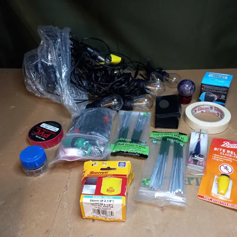 LOT OF ASSORTED HOUSEHOLD ITEMS TO INCLUDE OUTDOOR LIGHTS, GARDEN U-PINS AND BITE RELIEF