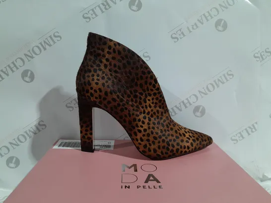 BOXED PAIR OF MODA IN PELLE WELDI HEEL BOOTIES IN MINI LEOPARD PRINT - SIZE 6 