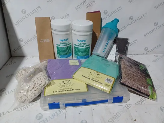 APPROXIMATELY 10 ASSORTED ITEMS TO INCLUDE SURFACE SANITISING WIPES, FACE CLOTHS, PILLOWCASES ETC.