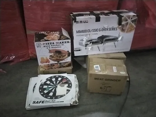 PALLET OF ASSORTED ITEMS TO INCLUDE: DUPRAY STEAM CLEANER, PIZZA MAKER, DART BOARDS, MIMIUO G-OVEN SERIES, MEAT GRINDER 