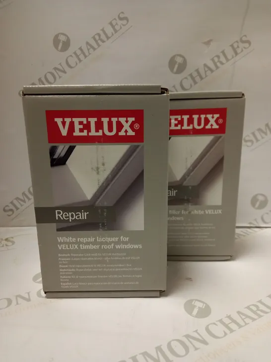 LOT OF 2 VELUX ITEMS TO INCLUDE WHITE REPAIR LACQUER WINDOW KIT &  ACRYLLIC FILLER REPAIR KIT 