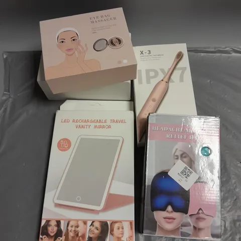 BOXED LOT OF 5 ELECTRICAL COSMETIC PRODUCTS TO INCLUDE - HEADACHE RELEIF HAT - EYE BAG MASSAGER - LED VANITY MIRROR - ETC