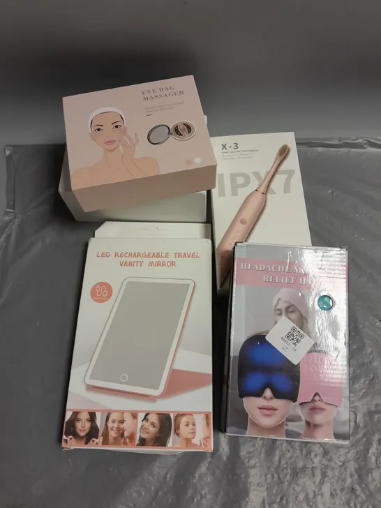 BOXED LOT OF 5 ELECTRICAL COSMETIC PRODUCTS TO INCLUDE - HEADACHE RELEIF HAT - EYE BAG MASSAGER - LED VANITY MIRROR - ETC