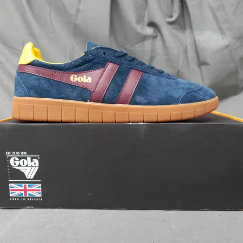 BOXED PAIR OF GOLA HURRICANE SUEDE SHOES IN NAVY/BURGUNDY/SUN UK SIZE 7