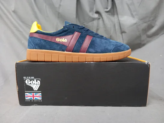 BOXED PAIR OF GOLA HURRICANE SUEDE SHOES IN NAVY/BURGUNDY/SUN UK SIZE 7