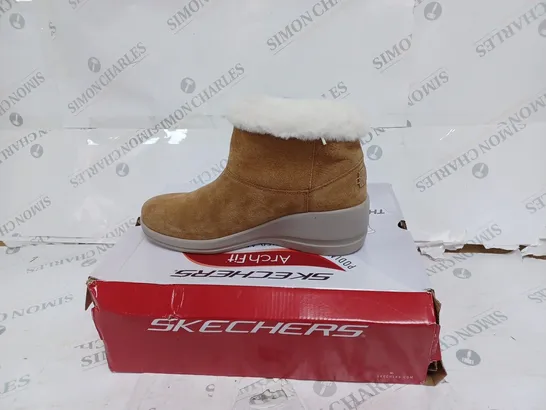 BOXED SKECHERS CHESTNUT WEDGE BOOTS- SIZE 6