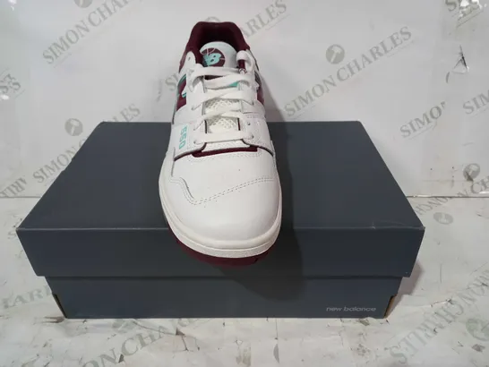 BOXED PAIR OF NEW BALANCE 550 TRAINERS IN WHITE/BURGUNDY/CYAN UK SIZE 9.5