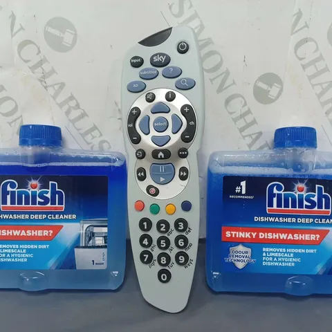 APPROXIMATELY 10 ASSORTED ITEMS TO INCLUDE FINISH DISHWASHER DEEP CLEANER, SKY REMOTE, ETC