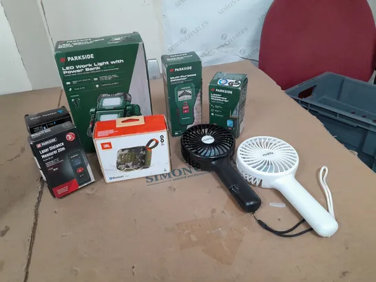 8 ASSORTED ITEMS TO INCLUDE:PARKSIDE LED WORK LIGHT, LASER DISTANCE MEASURER, MAIDY FANS ETC 