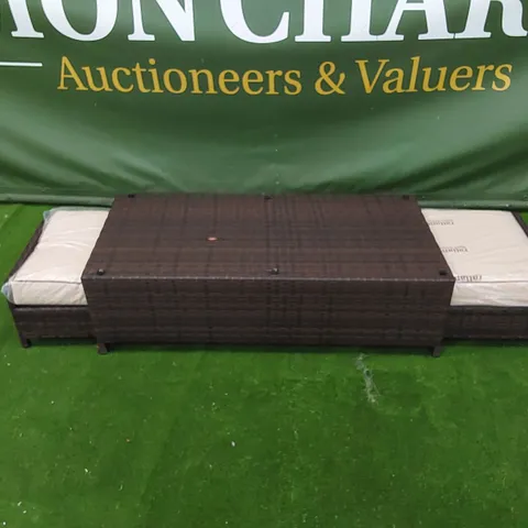 DESIGNER CHOCOLATE MIX RATTAN COFFEE TABLE WITH UNDERSIDE FOOTSTOOLS AND CUSHIONS - MISSING GLASS TOP