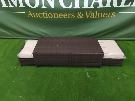 DESIGNER CHOCOLATE MIX RATTAN COFFEE TABLE WITH UNDERSIDE FOOTSTOOLS AND CUSHIONS - MISSING GLASS TOP