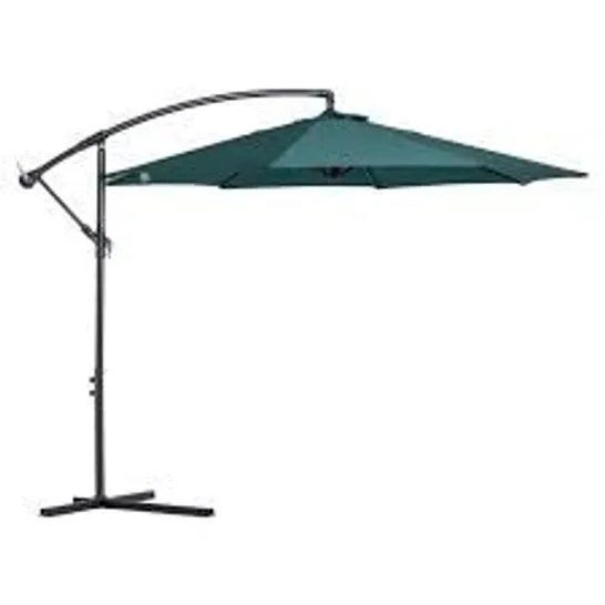 BOXED OUTSUNNY 3(M) BANANA PARASOL HANGING CANTILEVER UMBRELLA WITH CRANK HANDLE, 8 RIBS AND CROSS BASE FOR OUTDOOR, SUN SHADE, DARK GREEN