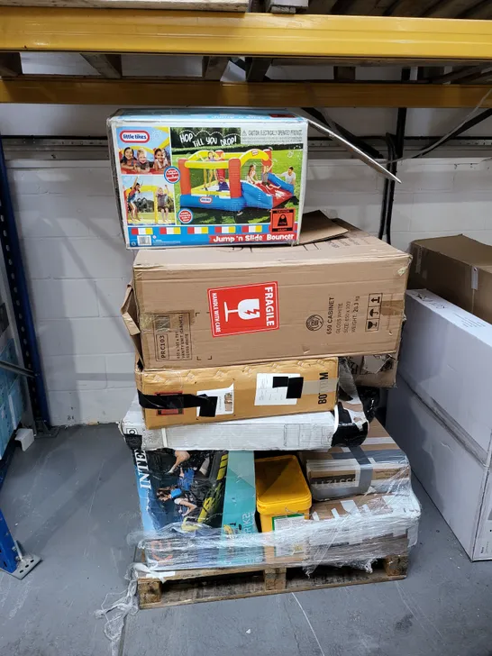 PALLET OF APPROXIMATELY 15 ASSORTED APPLIANCES, HOBBY AND LEISURE ITEMS TO INCLUDE LITTLE TIKES JUMP N' SLIDE BOUNCER, INTEX XPLORER K2 INFLATABLE KAYAK, GLOSS WHITE BATHROOM SINK CABINET, ETC