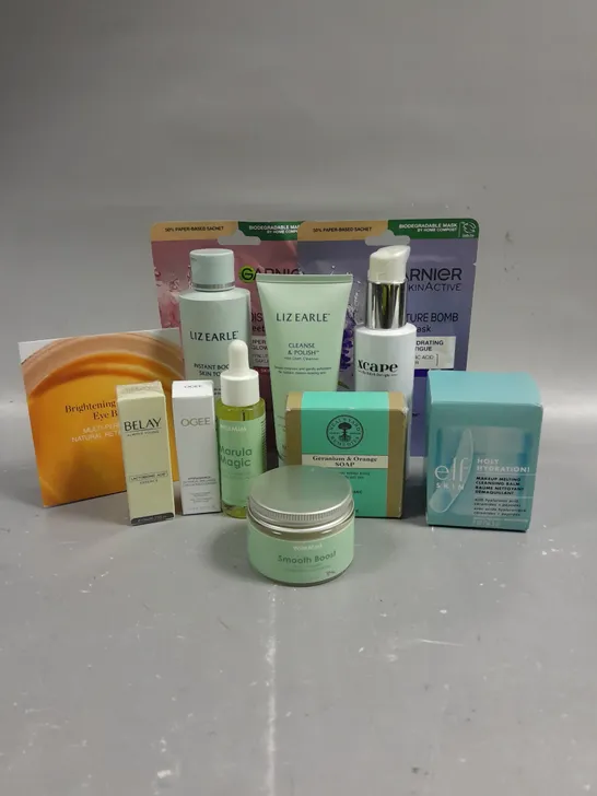 BOX OF APPROX 10 ASSORTED HEALTH AND BEAUTY PRODUCTS TO INCLUDE LIZ EARLE INSTANT BOOST SKIN TONIC (200ML), NEALS YARD GERANIUM & ORANGE SOAP BAR (100G), ELF HOLY HYDRATION CLEANSING BALM (56.5G), ETC