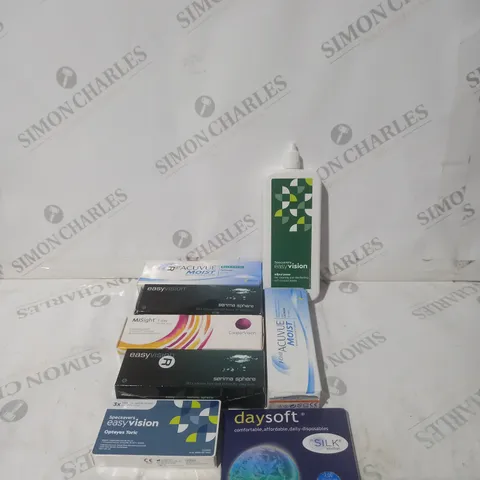 BOX OF APPROXIMATELY 30 ASSORTED CONTACT LENSES AND EYE TREATMENT TO INCLUDE EASY VISION, COOPER VISON AND ACUVUE MOIST